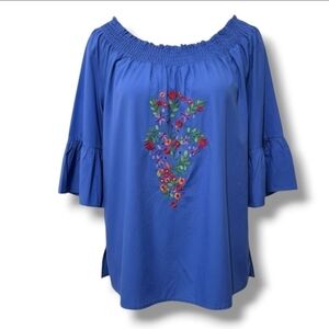 Avon Women’s Blue Boho Embroidered Blouse – Large, Cotton, Short Sleeve, Gently